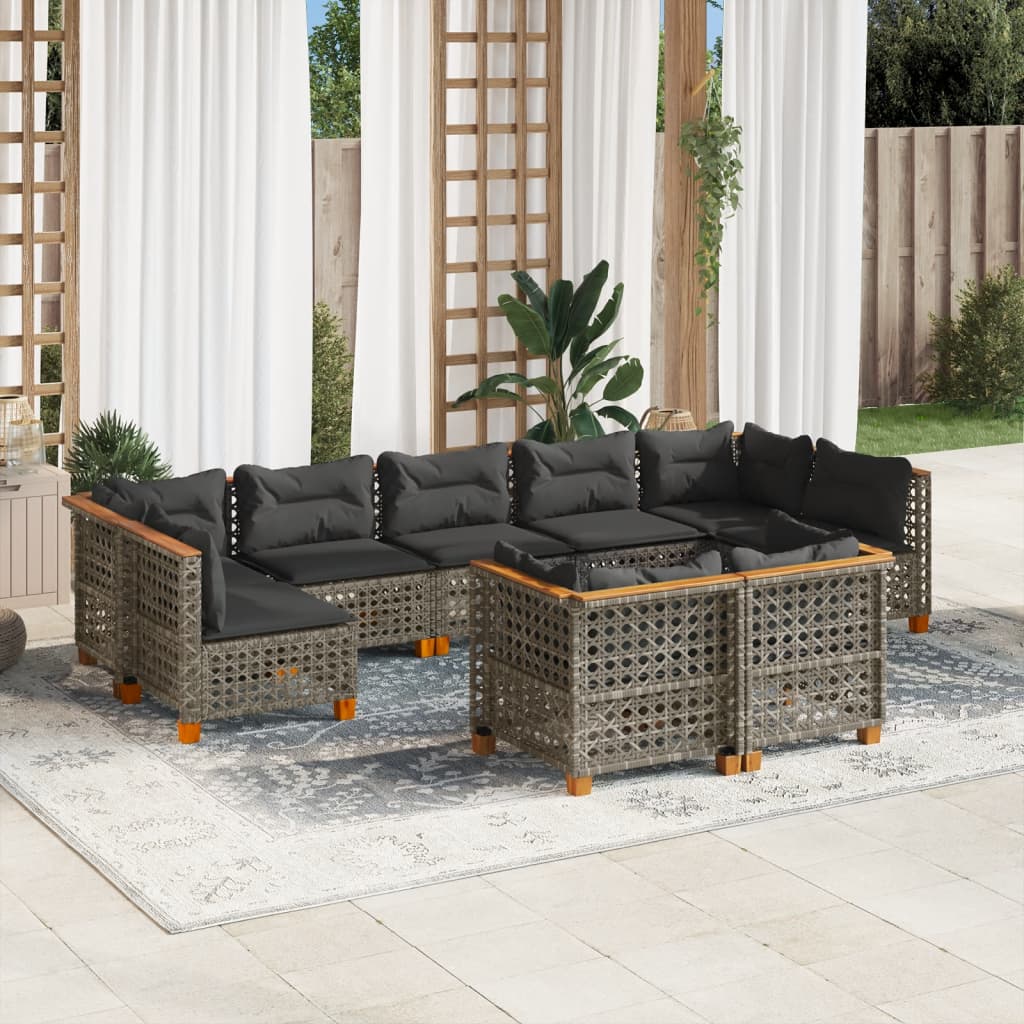 9 pcs conjunto sofás p/ jardim com almofadões vime PE cinzento
