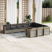 10 pcs conjunto sofás de jardim c/ almofadões vime PE cinzento