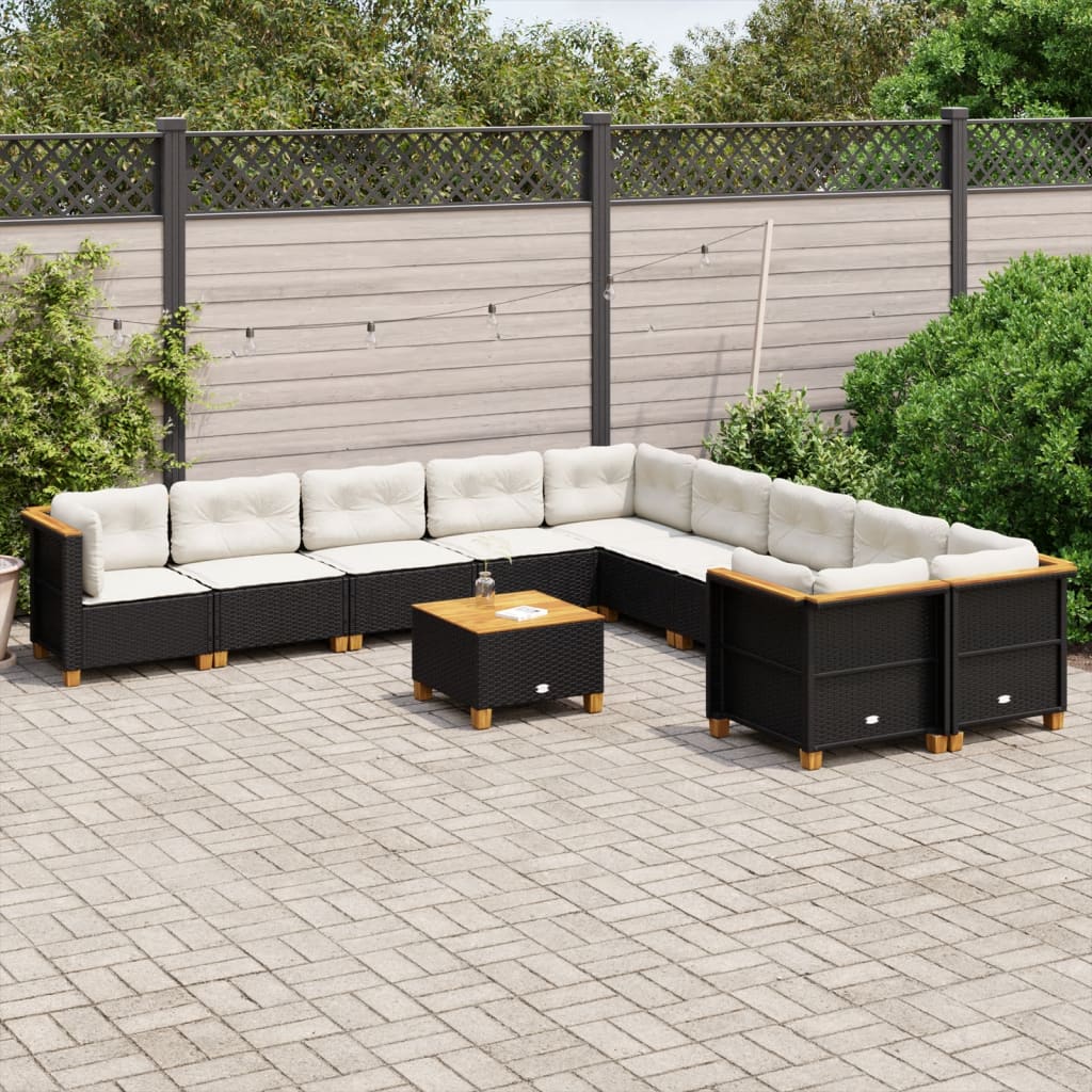 11 pcs conjunto sofás de jardim c/ almofadões vime PE preto
