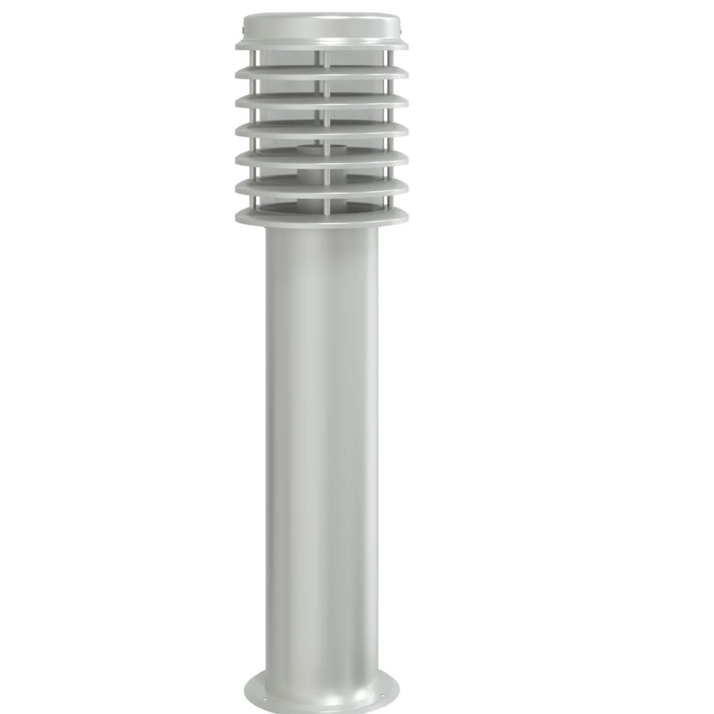 Candeeiro de chão p/ exterior c/ tomada 60cm aço inox. prateado