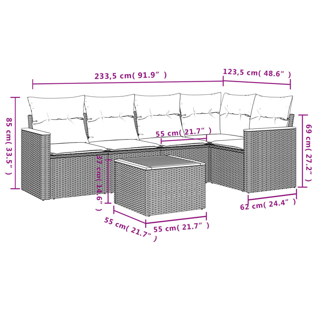 6 pcs conjunto sofás p/ jardim c/ almofadões vime PE cinzento