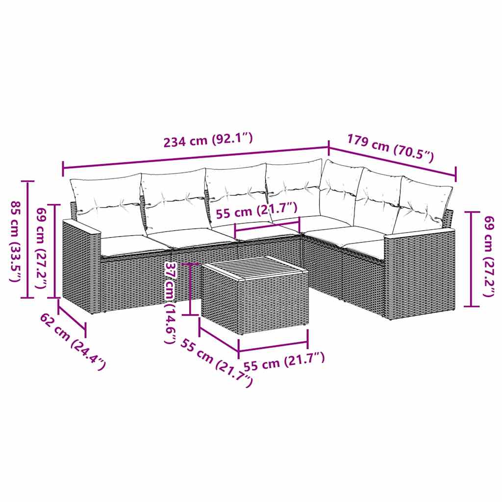 7 pcs conjunto de sofás p/ jardim c/ almofadões vime PE preto