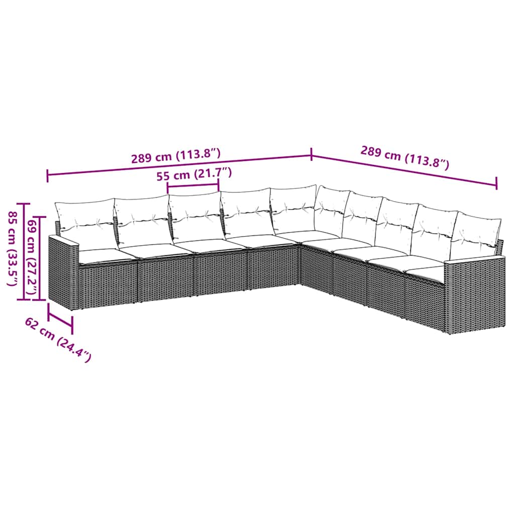 9 pcs conjunto de sofás p/ jardim c/ almofadões vime PE preto