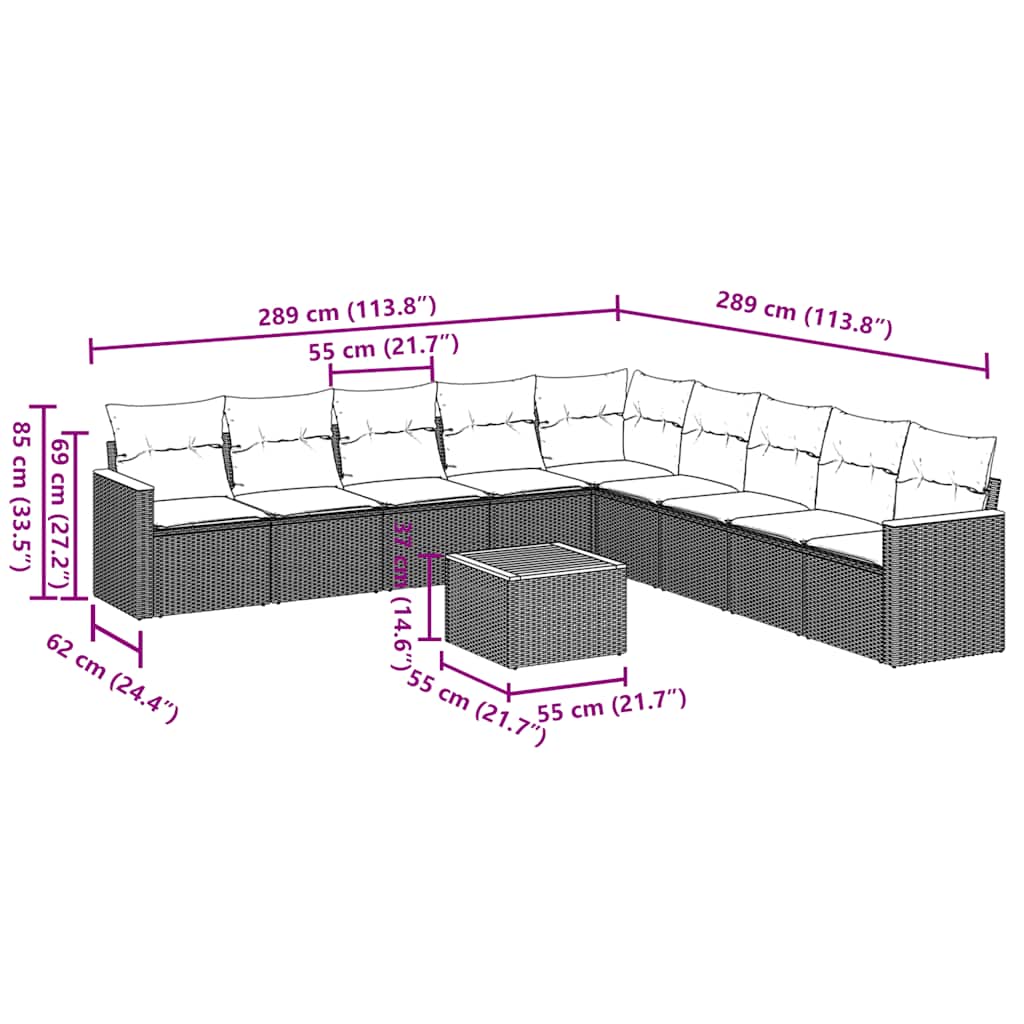 10 pcs conjunto sofás de jardim c/ almofadões vime PE preto