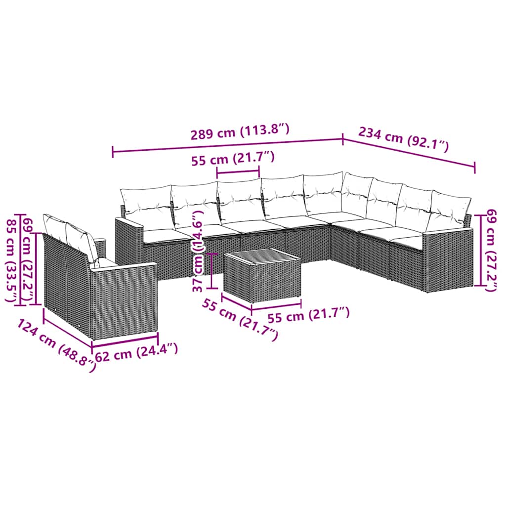 11 pcs conjunto sofás de jardim c/ almofadões vime PE preto