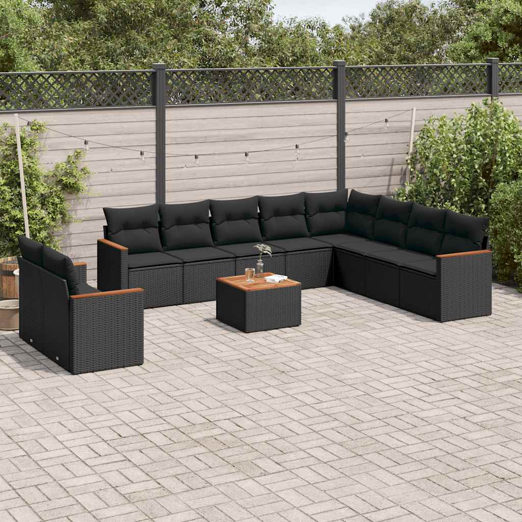 11 pcs conjunto sofás de jardim c/ almofadões vime PE preto