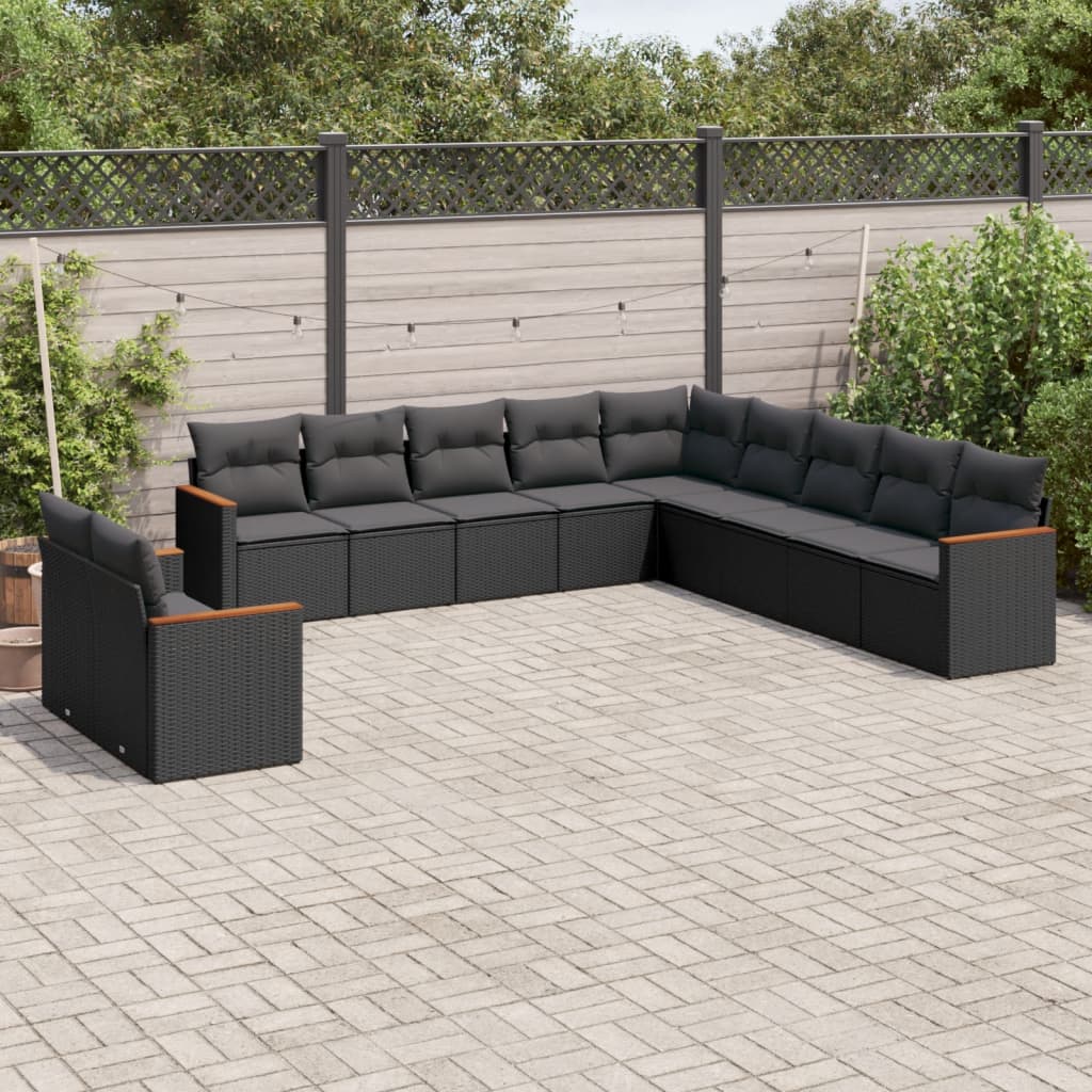 11 pcs conjunto sofás de jardim c/ almofadões vime PE preto