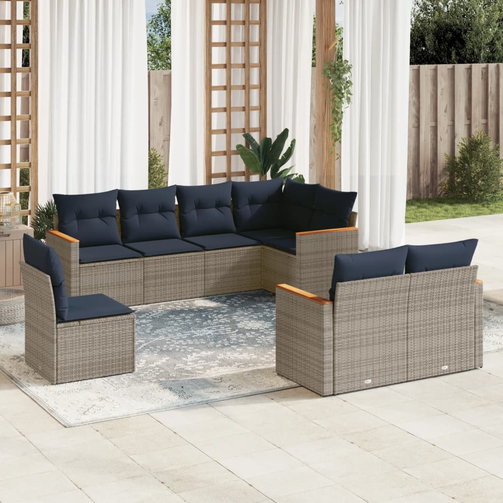 8 pcs conjunto sofás p/ jardim c/ almofadões vime PE cinzento