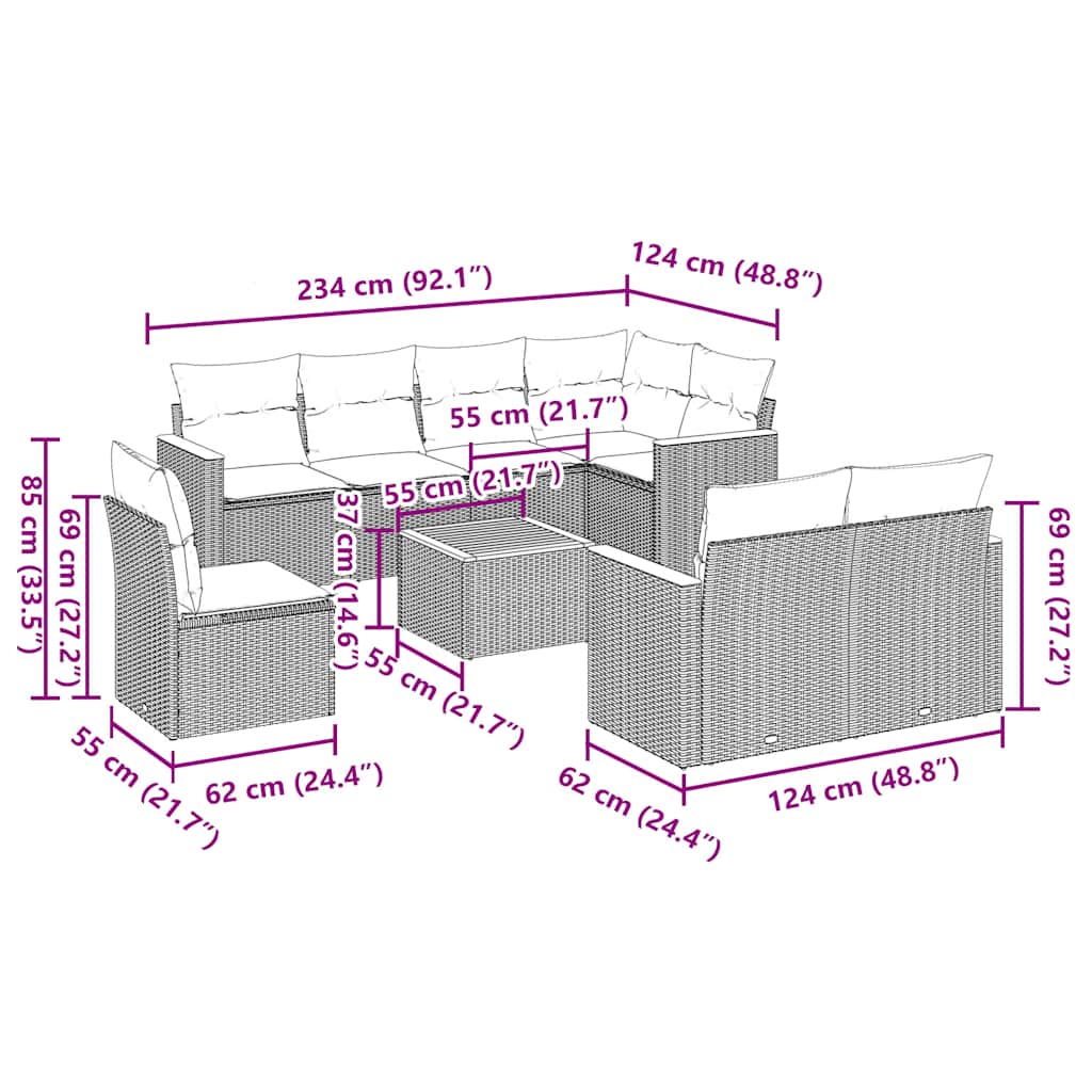 9 pcs conjunto de sofás p/ jardim c/ almofadões vime PE preto