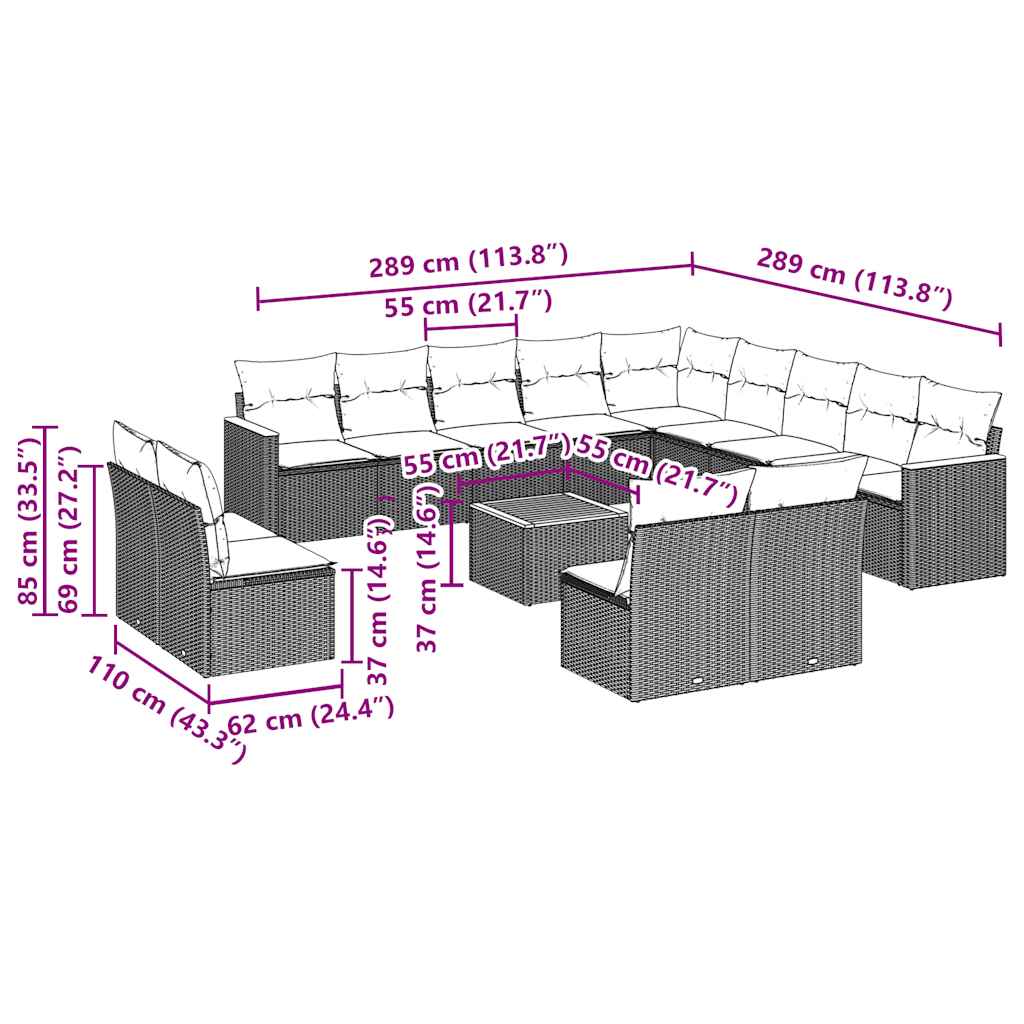 14 pcs conjunto de sofás p/ jardim c/ almofadões vime PE preto