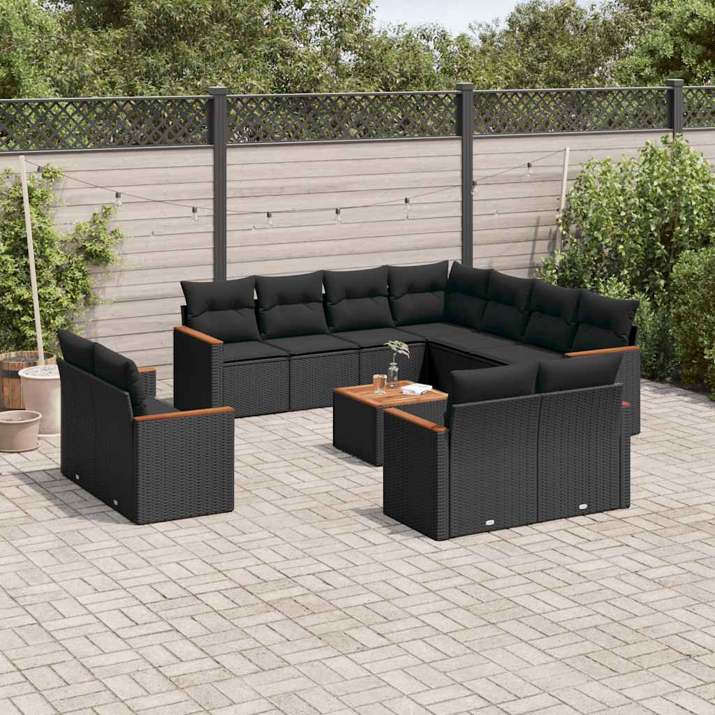 12 pcs conjunto de sofás de jardim c/ almofadões vime PE preto