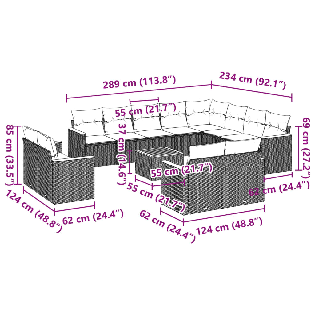 13 pcs conjunto de sofás de jardim com almofadões vime PE preto