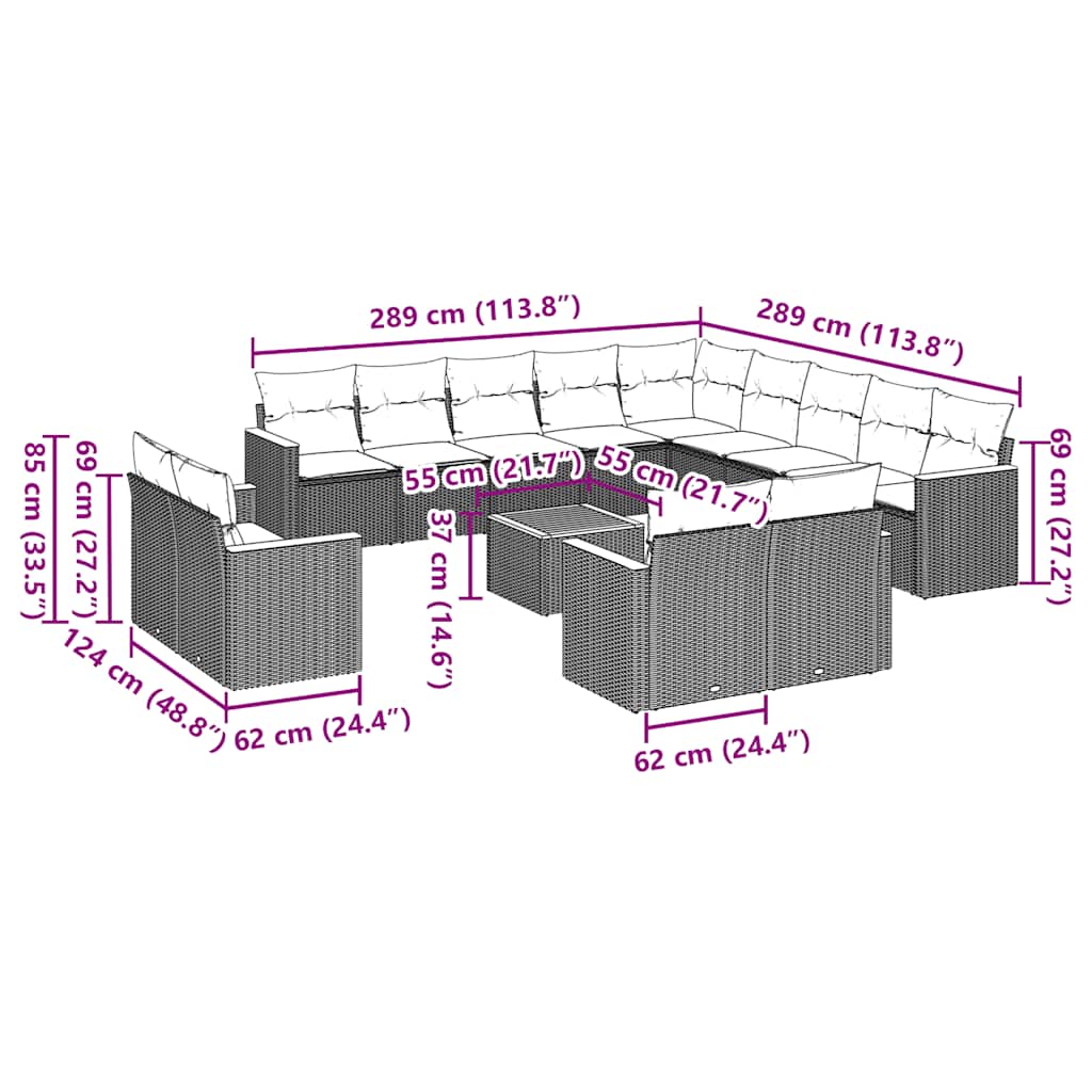 14 pcs conjunto de sofás p/ jardim c/ almofadões vime PE preto
