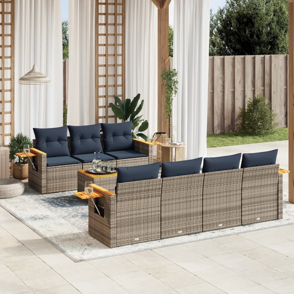 8 pcs conjunto sofás p/ jardim c/ almofadões vime PE cinzento