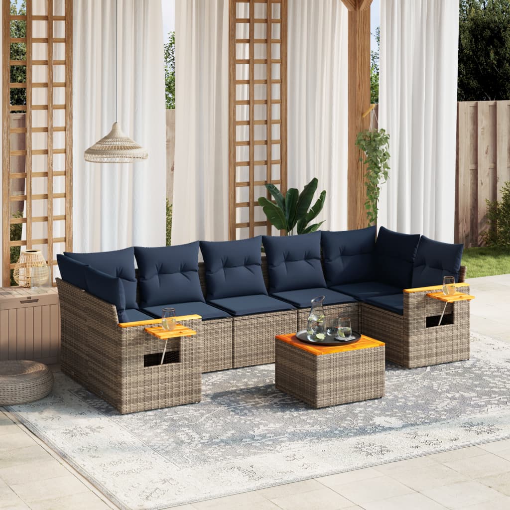 8 pcs conjunto sofás p/ jardim c/ almofadões vime PE cinzento