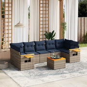 8 pcs conjunto sofás p/ jardim c/ almofadões vime PE cinzento