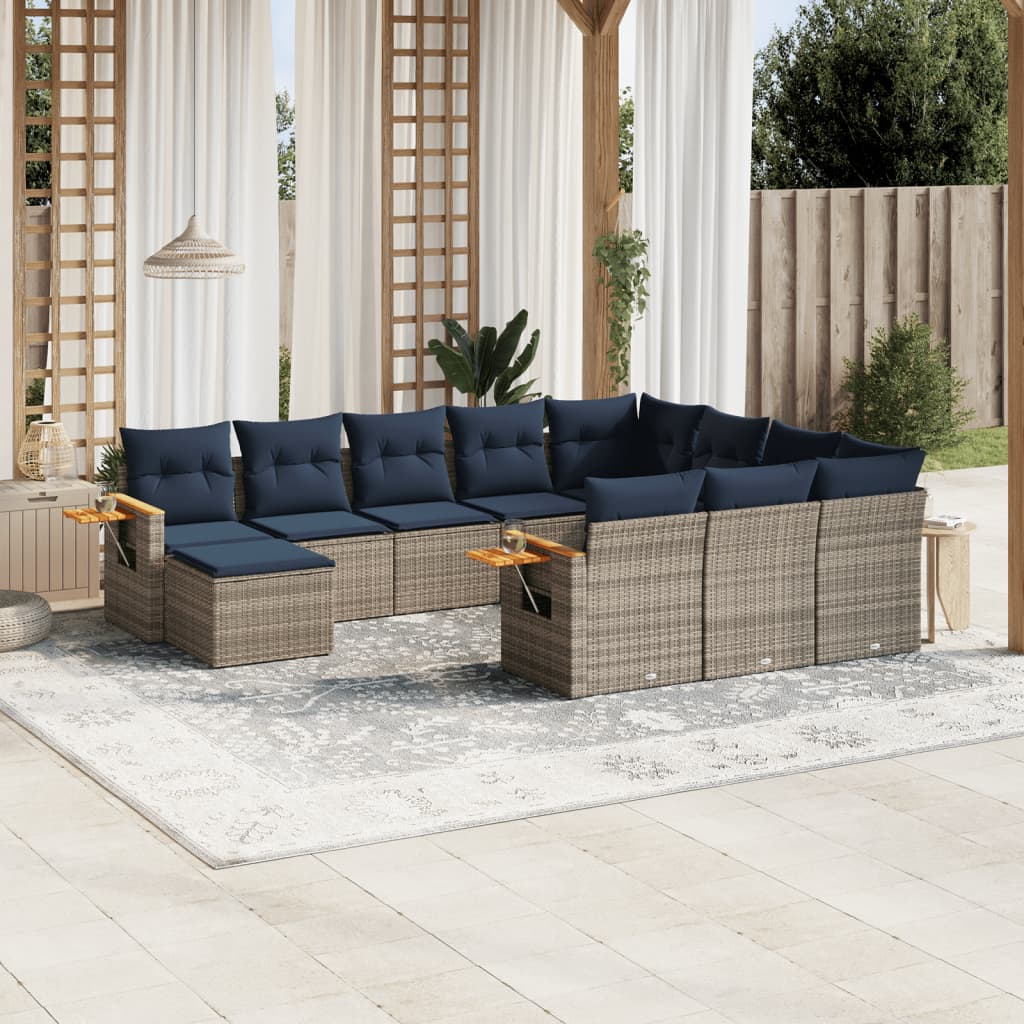 11 pcs conjunto sofás de jardim c/ almofadões vime PE cinzento