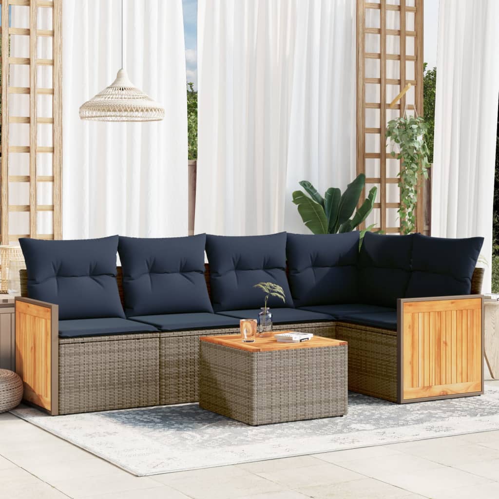 6 pcs conjunto sofás p/ jardim c/ almofadões vime PE cinzento