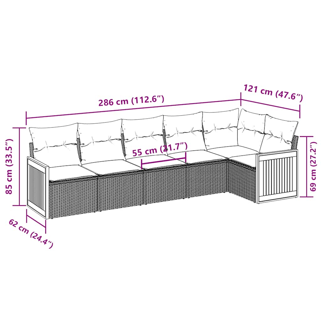 6 pcs conjunto sofás de jardim c/ almofadões vime PE preto