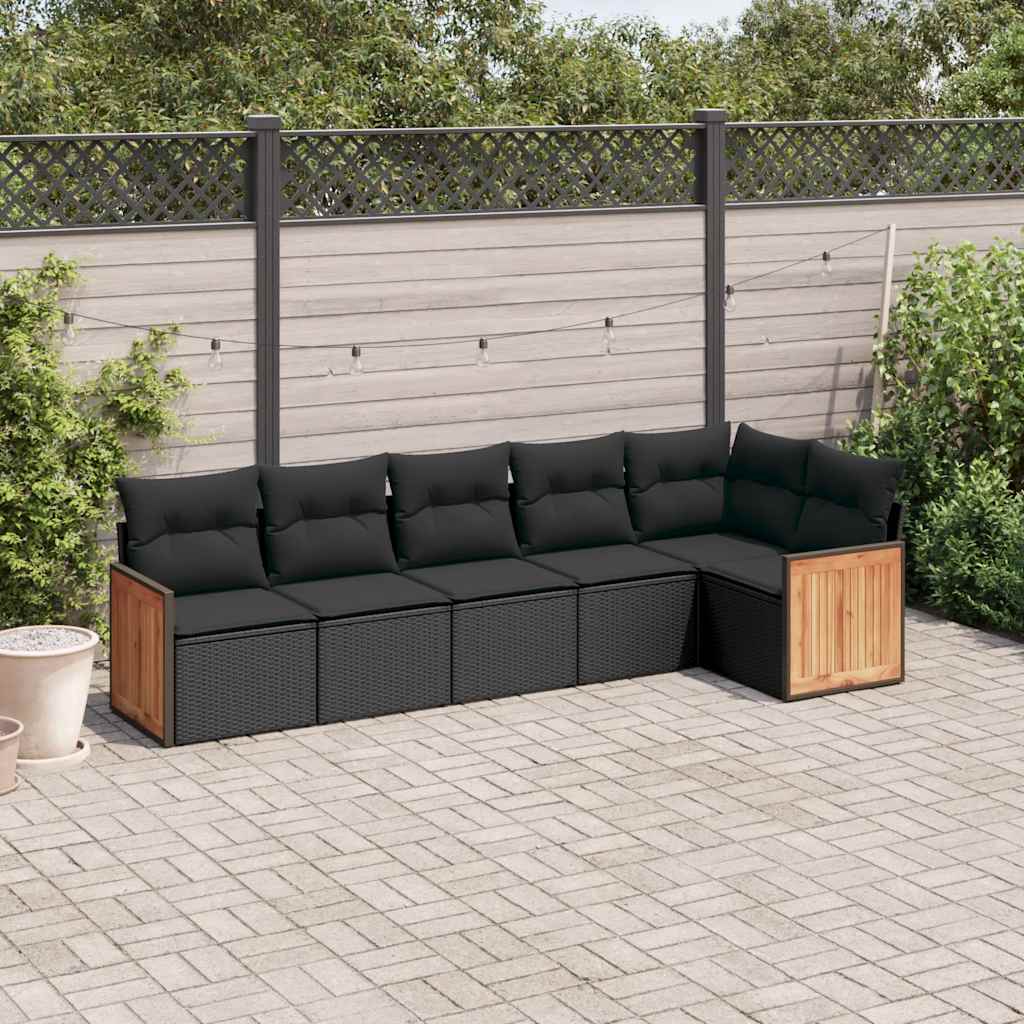 6 pcs conjunto sofás de jardim c/ almofadões vime PE preto