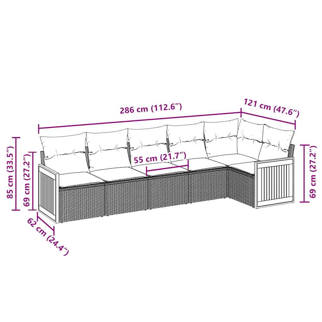6 pcs conjunto sofás de jardim c/ almofadões vime PE preto
