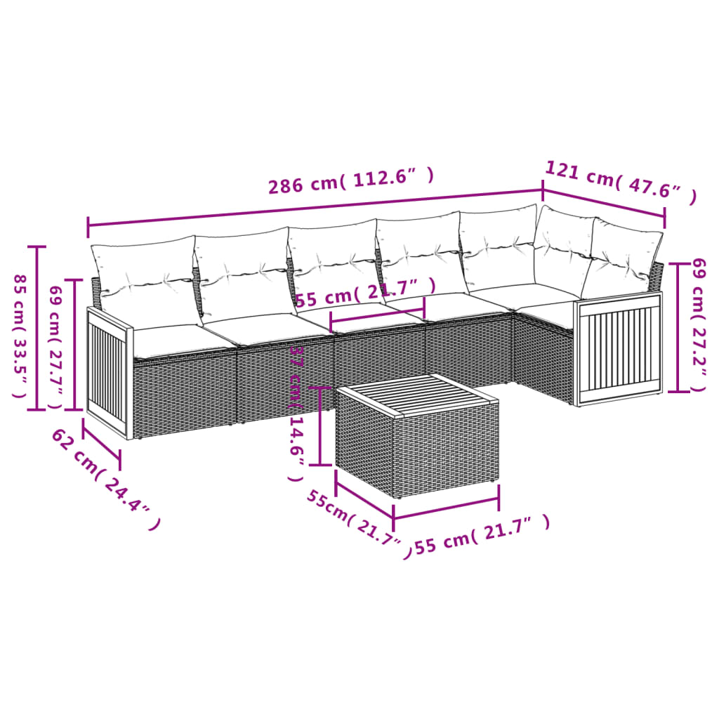 7 pcs conjunto sofás p/ jardim c/ almofadões vime PE cinzento