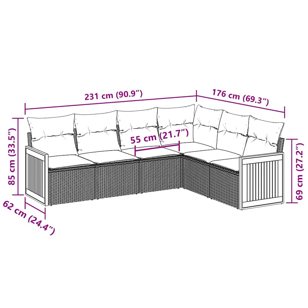 6 pcs conjunto sofás de jardim c/ almofadões vime PE preto