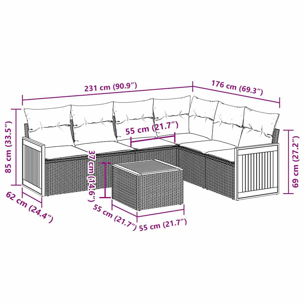 7 pcs conjunto de sofás p/ jardim c/ almofadões vime PE preto