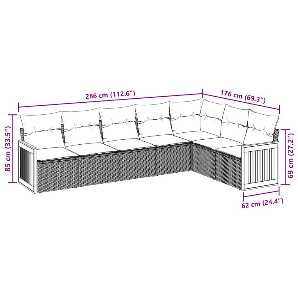 7 pcs conjunto de sofás p/ jardim c/ almofadões vime PE preto