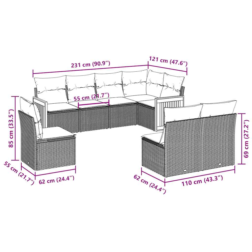 8 pcs conjunto sofás de jardim com almofadões vime PE preto