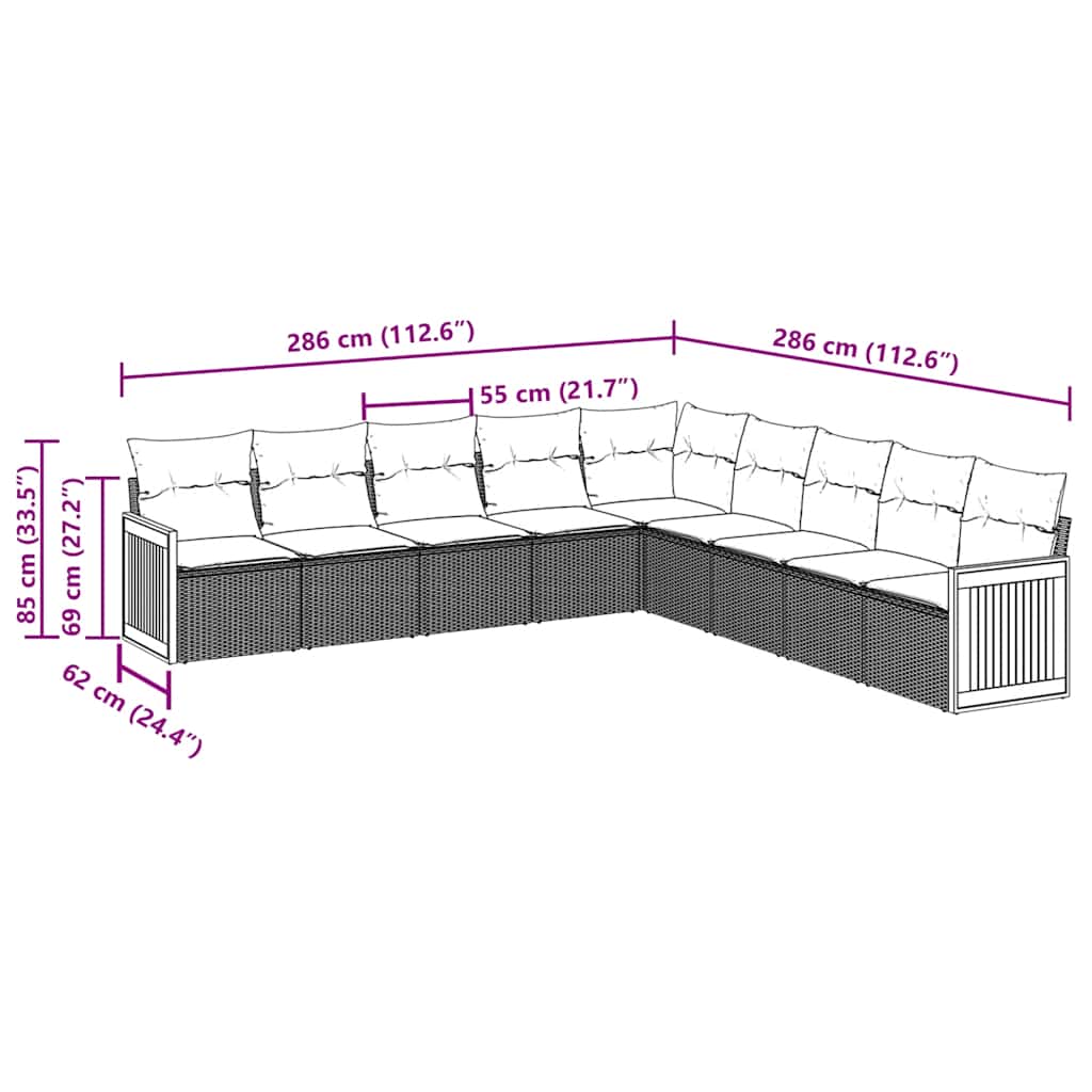 9 pcs conjunto de sofás p/ jardim c/ almofadões vime PE preto