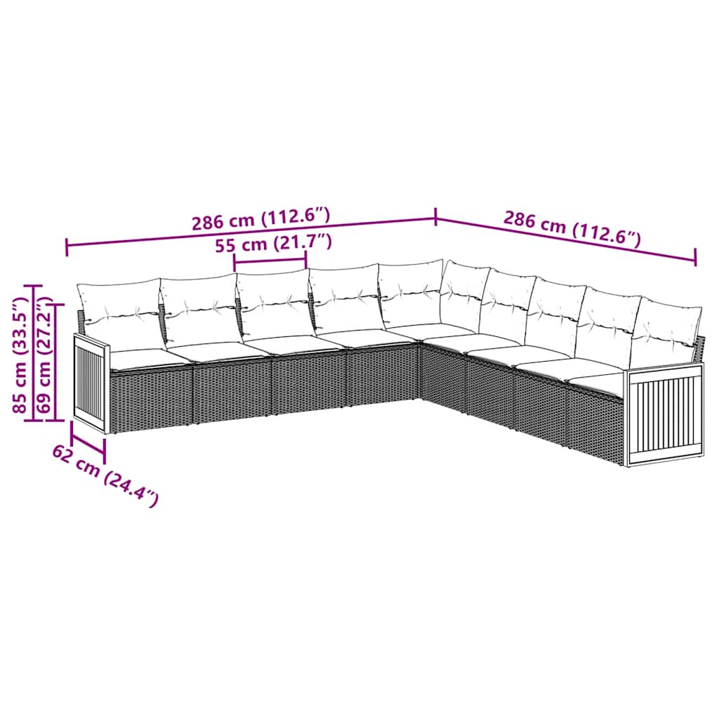 9 pcs conjunto de sofás p/ jardim c/ almofadões vime PE preto