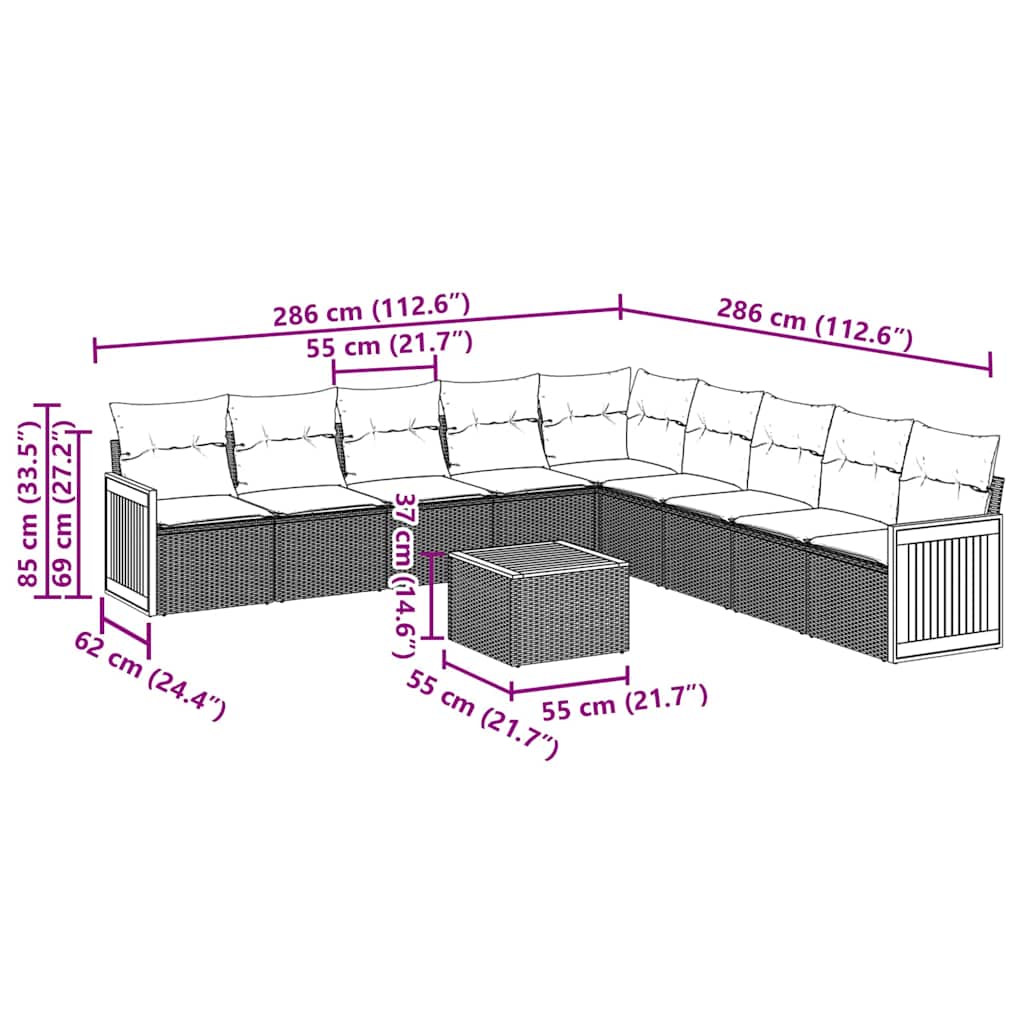 10 pcs conjunto sofás de jardim c/ almofadões vime PE preto