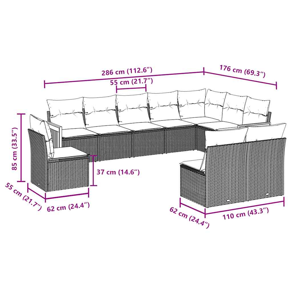 10 pcs conjunto sofás de jardim c/ almofadões vime PE preto