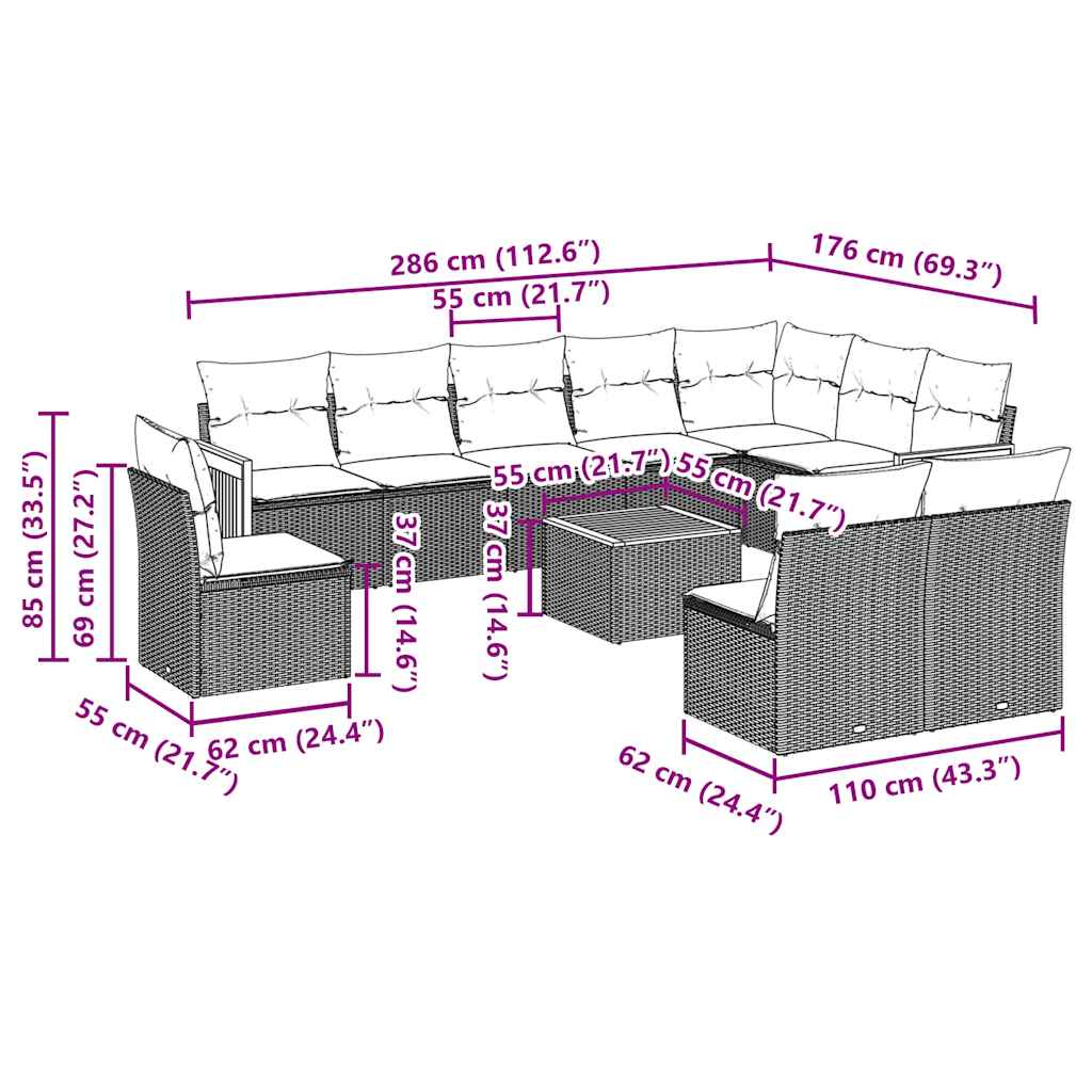 11 pcs conjunto sofás de jardim c/ almofadões vime PE preto