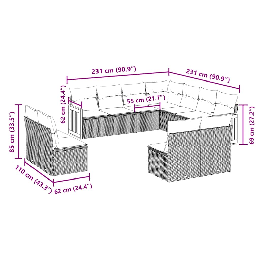 11 pcs conjunto sofás de jardim c/ almofadões vime PE preto