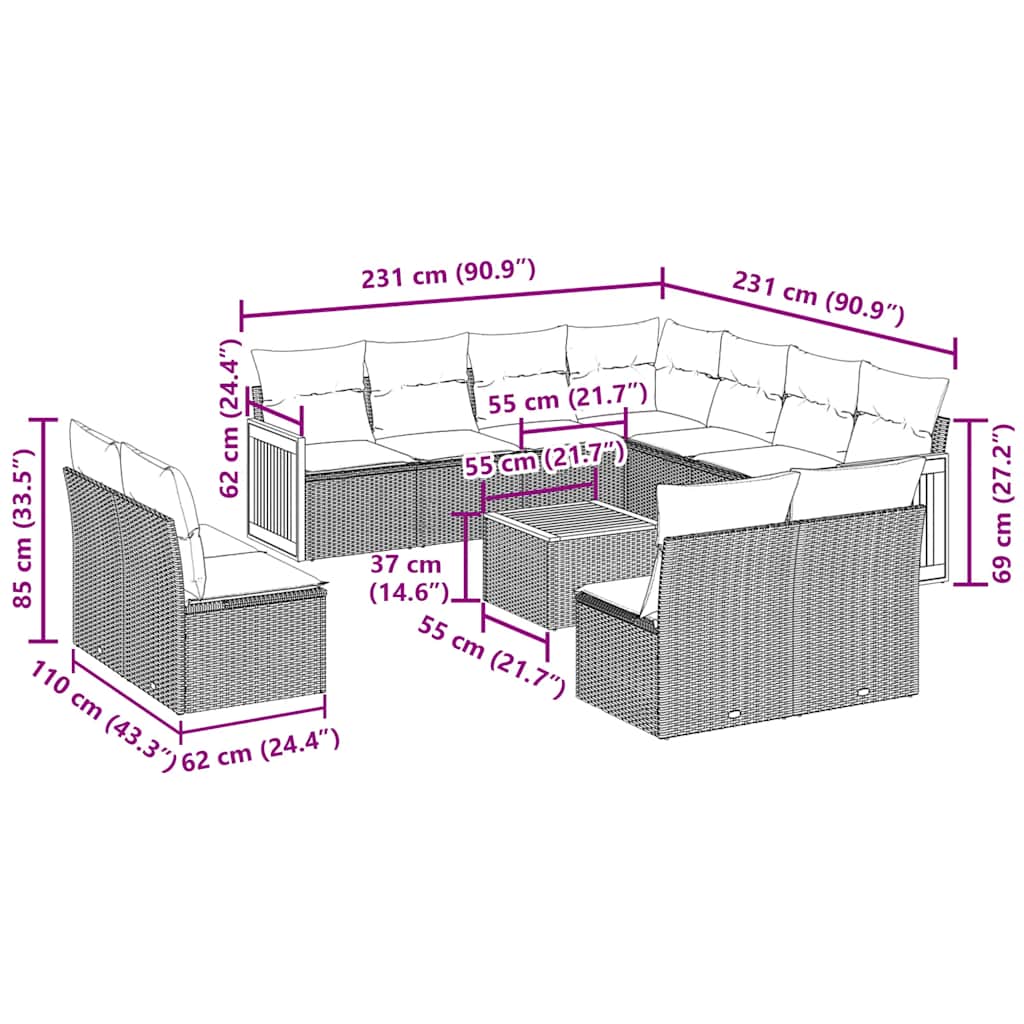 12 pcs conjunto de sofás de jardim c/ almofadões vime PE preto