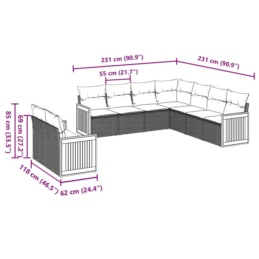 9 pcs conjunto de sofás p/ jardim c/ almofadões vime PE preto