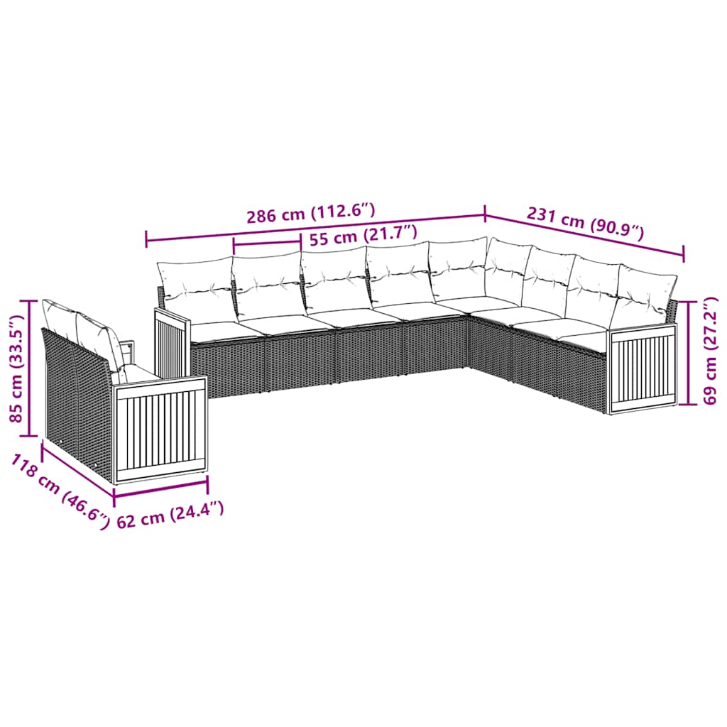 10 pcs conjunto sofás de jardim c/ almofadões vime PE preto