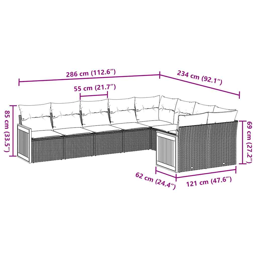 9 pcs conjunto de sofás p/ jardim c/ almofadões vime PE preto