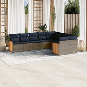 9 pcs conjunto sofás p/ jardim c/ almofadões vime PE cinzento