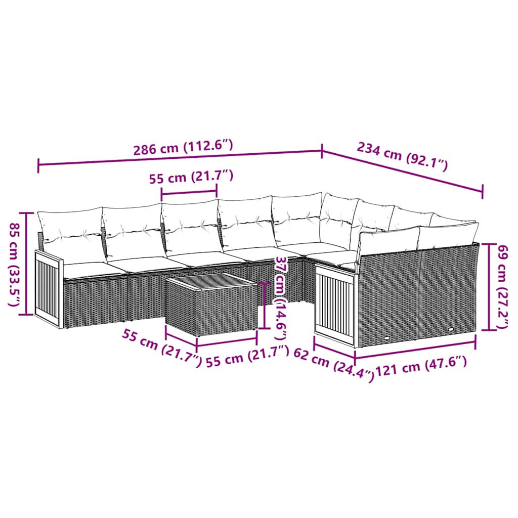 10 pcs conjunto sofás de jardim c/ almofadões vime PE preto