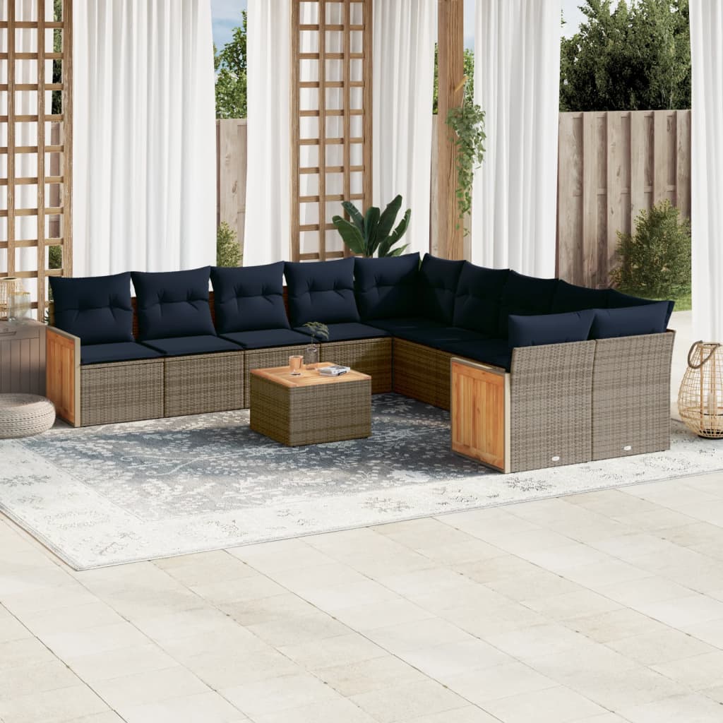 11 pcs conjunto sofás de jardim c/ almofadões vime PE cinzento