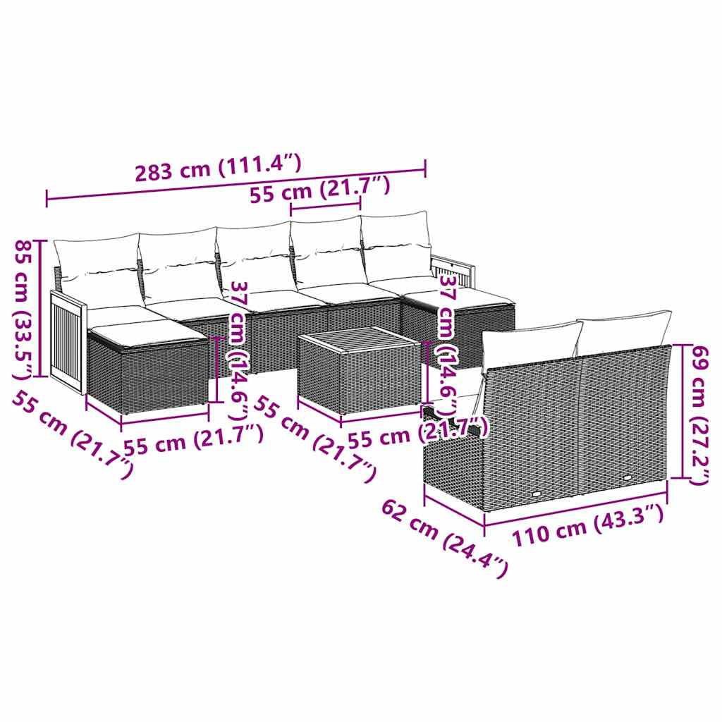 10 pcs conjunto sofás de jardim c/ almofadões vime PE preto