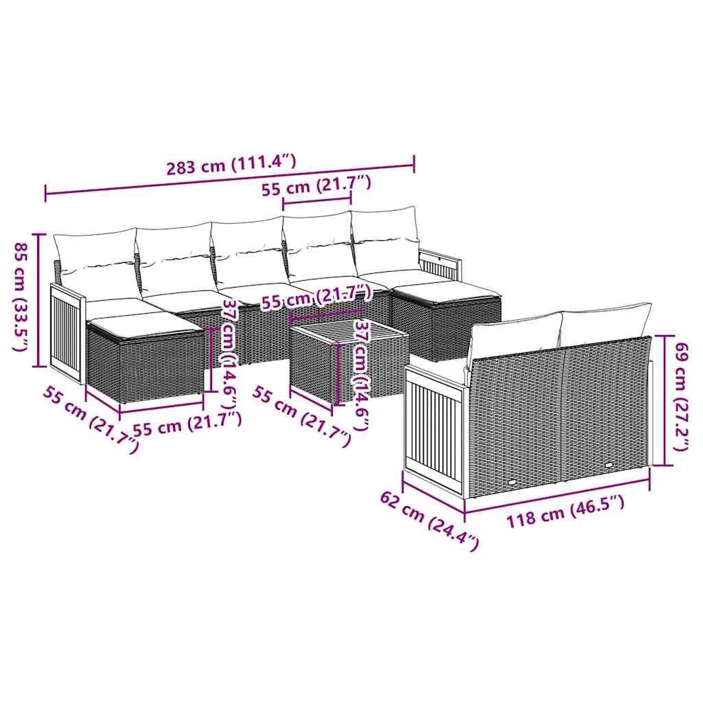 10 pcs conjunto sofás de jardim c/ almofadões vime PE preto