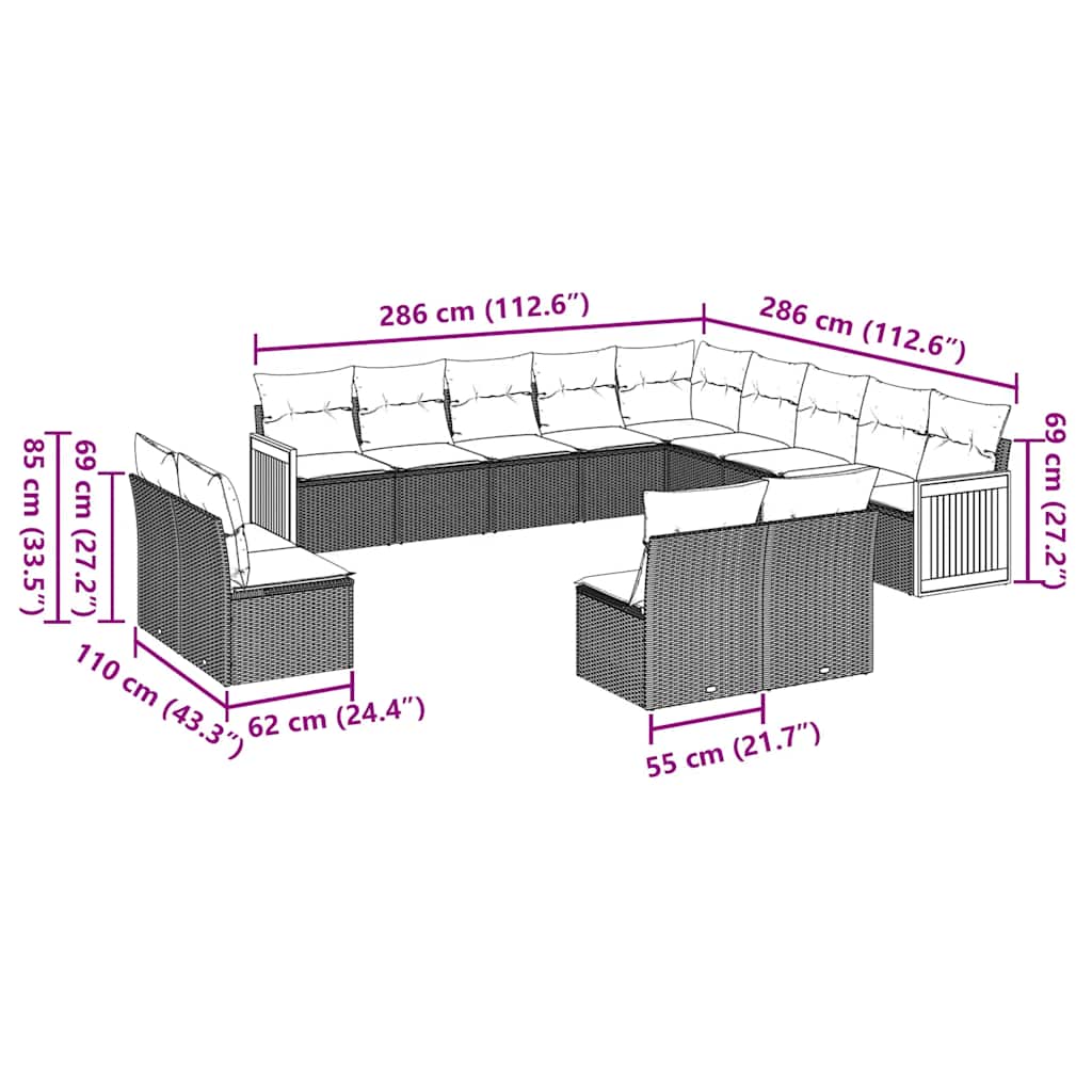 13 pcs conjunto de sofás de jardim com almofadões vime PE preto