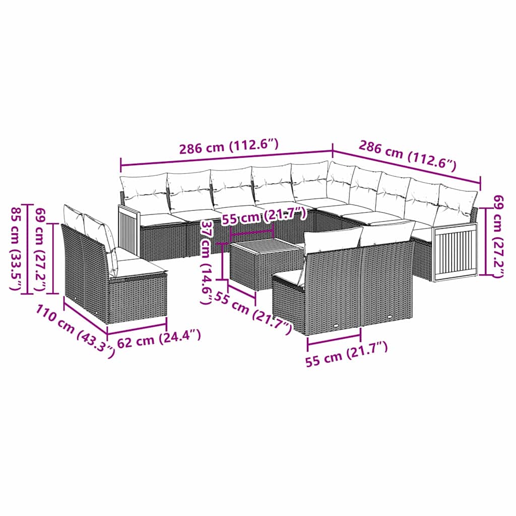 14 pcs conjunto de sofás p/ jardim c/ almofadões vime PE preto