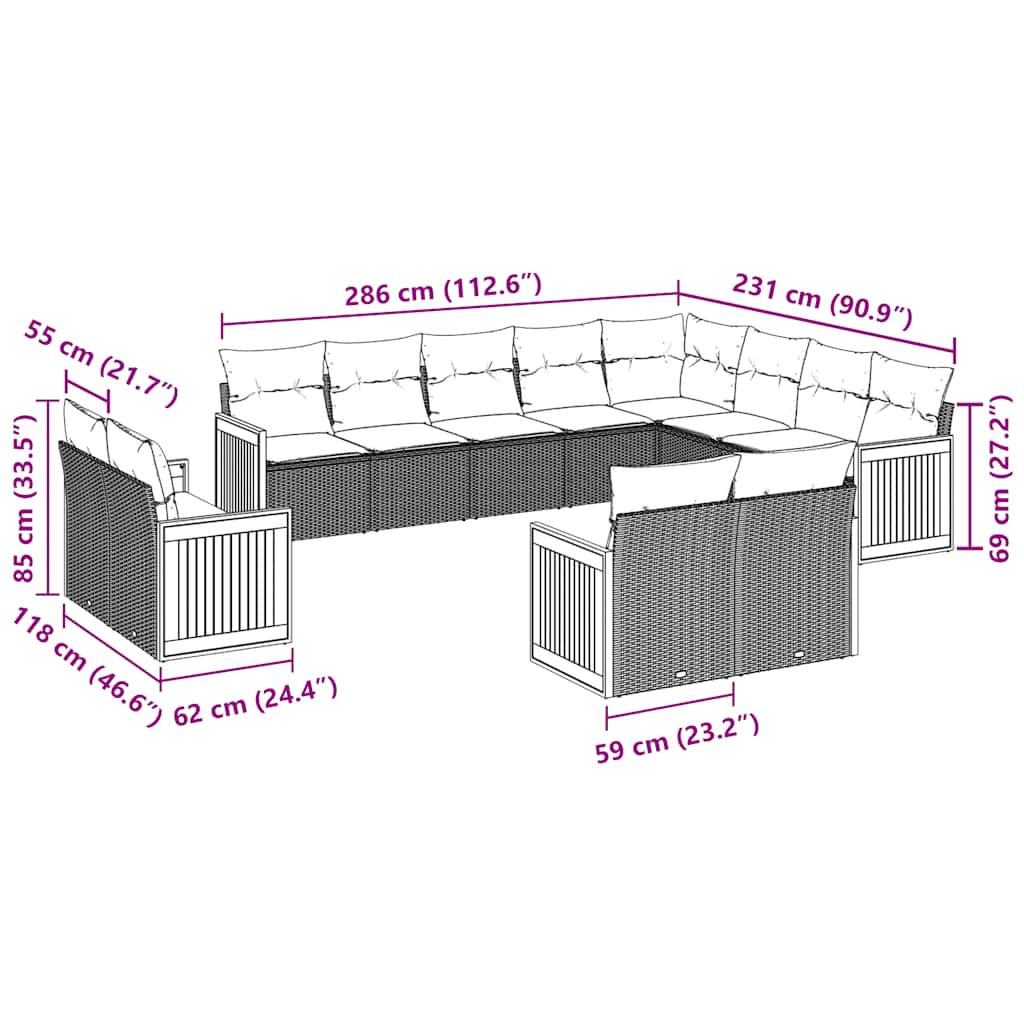 12 pcs conjunto de sofás de jardim c/ almofadões vime PE preto