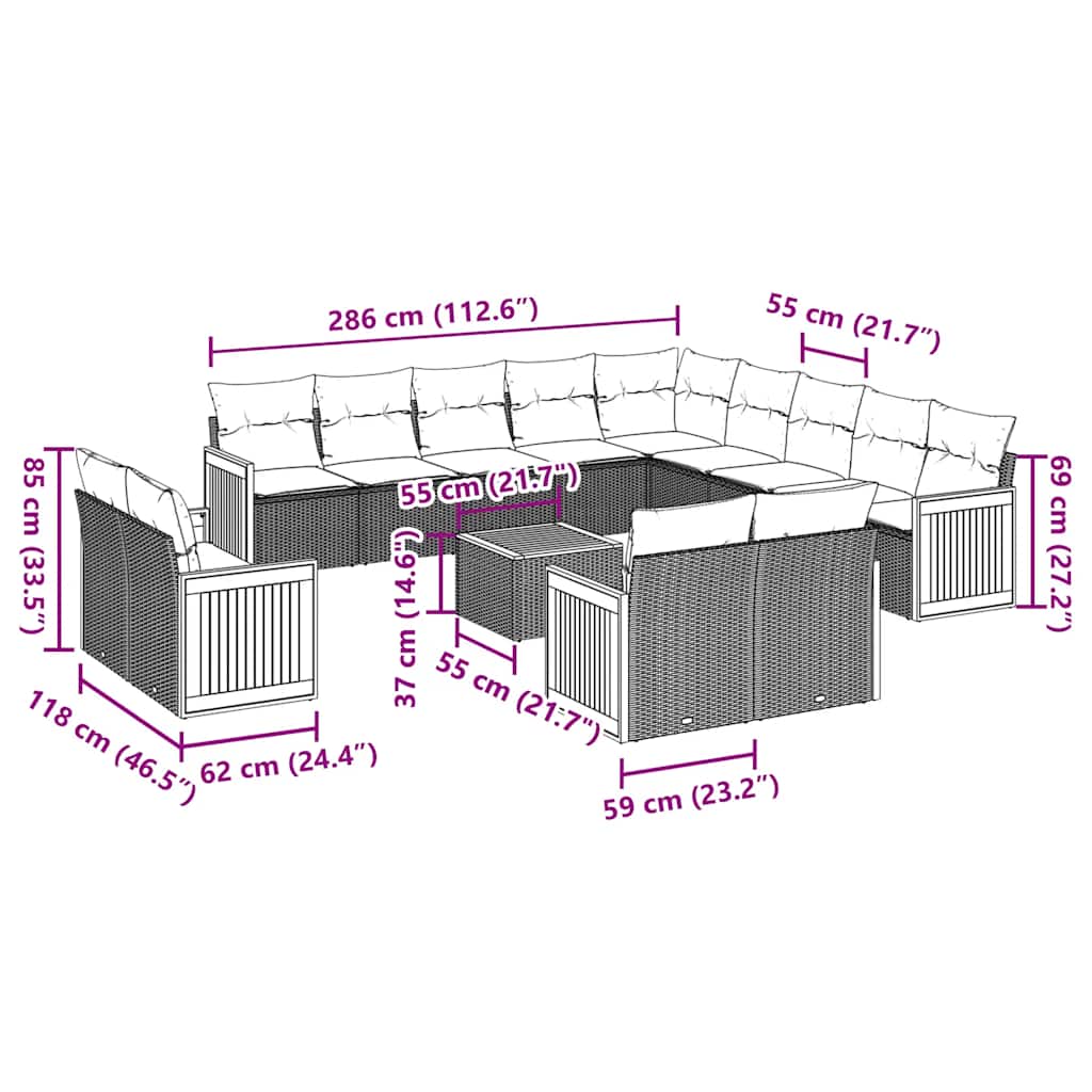 14 pcs conjunto de sofás p/ jardim c/ almofadões vime PE preto