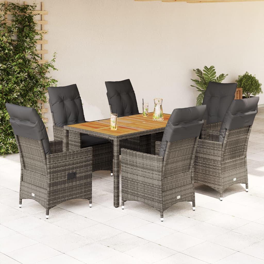 7 pcs conjunto de jantar p/ jardim c/ almofadões vime PE cinza